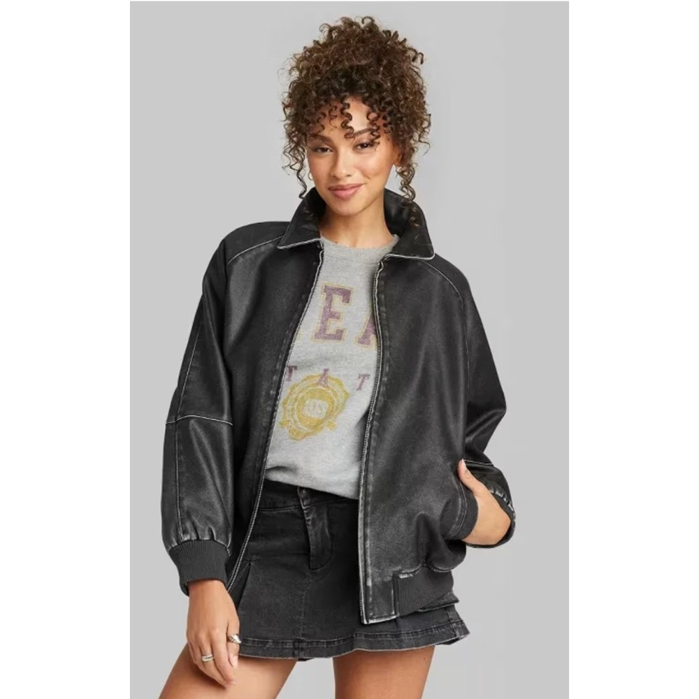 Wild Fable Womens XXL Faux Leather Bomber Jacket Black Distressed Full Zip NWT - Picture 1 of 7